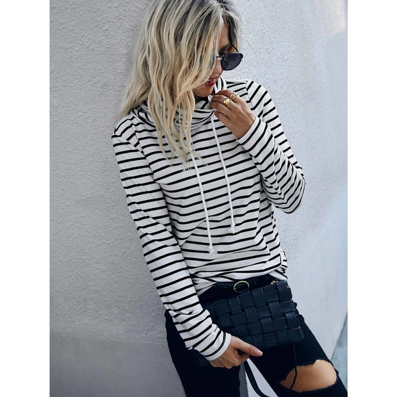 WILA Tops - Minimalist preppy Striped High Neck Drawstring hoodie white black